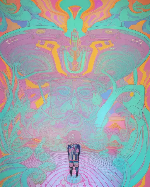 Psychedelic Surrealist Representation of Judgement, 8K 3D, Unsplash contest winner, Surrealist, Graffiti, Woodcut, Poster Art, watercolor, mixed media, hallucinatory expression, extremely detailed linework, ethereal, vibrant colors, fantasy art, hyper detailed, victo ngai, cinema 4d, rococo, extreme long shot, macro lens, colourful lighting, camera obscura