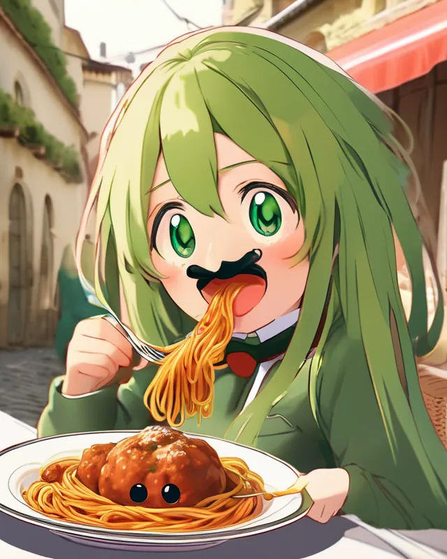 Anime girl eating spaghetti