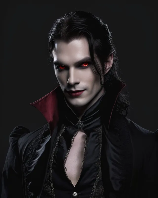 Picture of dark handsome male vampire, red eyes, pale skin, otherworldly cruel smile, wearing a victorian black outfit, depth of field, low lights, Hyperrealism