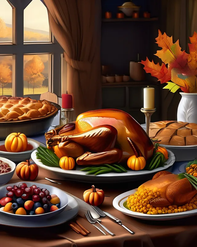 A table covered with a Thanksgiving feast, digital painting,  digital illustration,  extreme detail,  digital art,  4k,  ultra hd