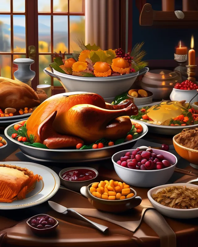 A table covered with a Thanksgiving feast, digital painting,  digital illustration,  extreme detail,  digital art,  4k,  ultra hd