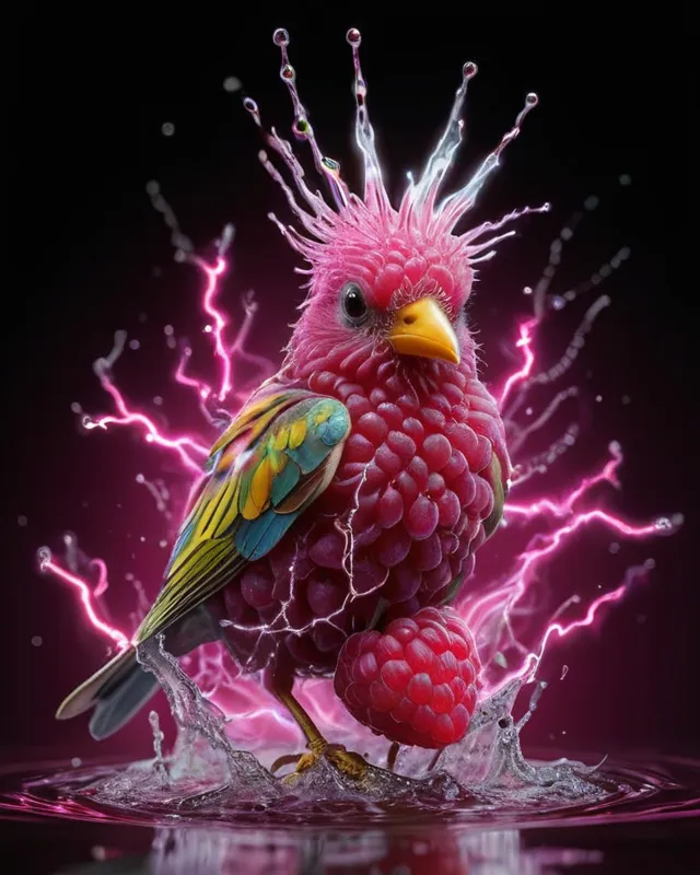 Magical Fantastic bird, Liquid Structure, Flying Raspberry, Sparks, Lightning, Splash, Portrait Photography, Fantasy Background, Intricate Patterns, Ultra Detailed, Luminous, Radiance, Ultra Realism, Complex Details, Intricate Details, 16k, HDR, High Quality, Trending On Artstation, Sharp Focus, Studio Photo, Intricate Details, Highly Detailed, By Greg Rutkowski