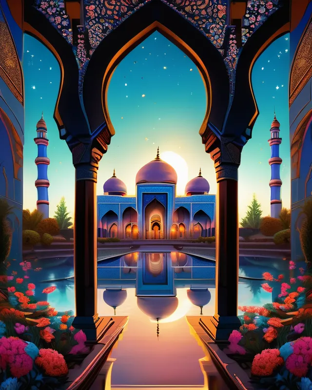 fantasy mosque, trees, flowers, centered, symmetry, painted, intricate, volumetric lighting, beautiful, rich deep colors masterpiece, sharp focus, ultra detailed, in the style of dan mumford and marc simonetti, astrophotography