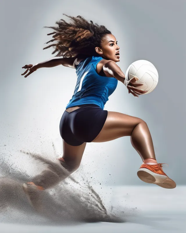 A dynamic and energetic female volleyball player, with wild, untamed hair and a determined expression, leaps into the air to block a powerful spike, her muscles straining with effort.