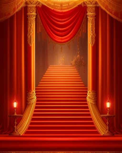 A beautiful golden stage with  stairs lit up and red silk curtains, digital painting,  digital illustration,  extreme detail,  digital art,  4k,  ultra hd, fantasy art, polished, radiant,