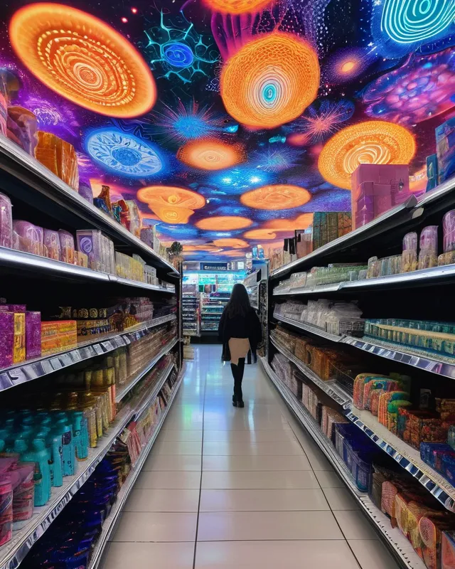 Shopping on psychedelics is not as fun as it sounds, psychedelic, geometric, astral, colorful, heat wave, hyperdetailed, dendritic, diffuse, intricate, eldritch, elaborate, parallax, ominous, whimsical, entangled, eldritch