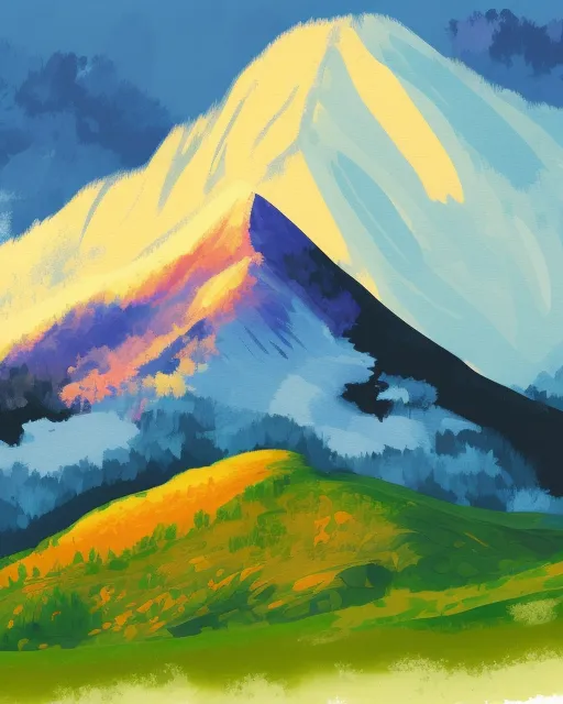 An illustration of a mountain in the style of Impressionism with a wide aspect ratio.