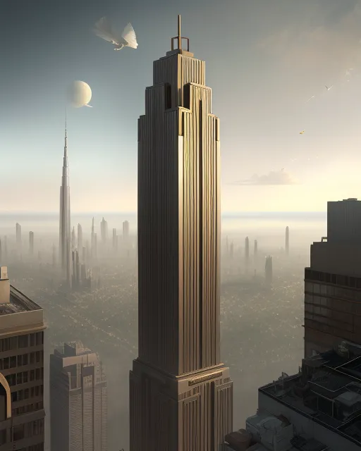 Show a tall, thin, art deco skyscraper, grey stone, black stone, gold metal, surrounded by other art deco structures, blue skies, trending on artstation, Concept Art