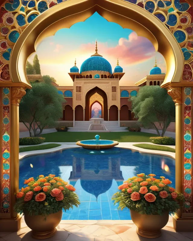 Dream palace, sophisticated Ottoman tile patterns, mandala mosaic windows, flowers growing in all mixed colors, beautiful vines, beautiful sky, very detailed, romantic, colorful, sparkling diamonds, spring, rippling Fountain, landscape, beautiful, digital painting, digital illustration, extreme details, digital art,Ultra HD, beautiful landscape, realistic and natural, detailed full color, nature, HD photography, perfect composition, splendor, hyperrealism, golden ornaments, cinema 4D, digital color, polished, radiant, sunny