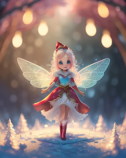 Beautiful cute little christmas fairy in the snowy wood, wearing a red cape, Winter wonderland in background, Jasmine Becket-Griffith, HDR, Margaret Keane, trending on artstation, unreal engine 5, bright colors, splash art, octane render, sparkling, glittering 