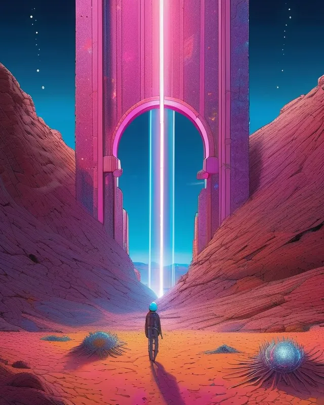 (a large portal dim lit with neon  — in the desert at night) crystal clusters, futuristic machines, Pink Floyd, epic. stunning, fantasy, magnificent, iridescent, starry sky, bismuth {unreal engine, a perfect composition, extreme detailed} a masterpiece by jean giraud moebius