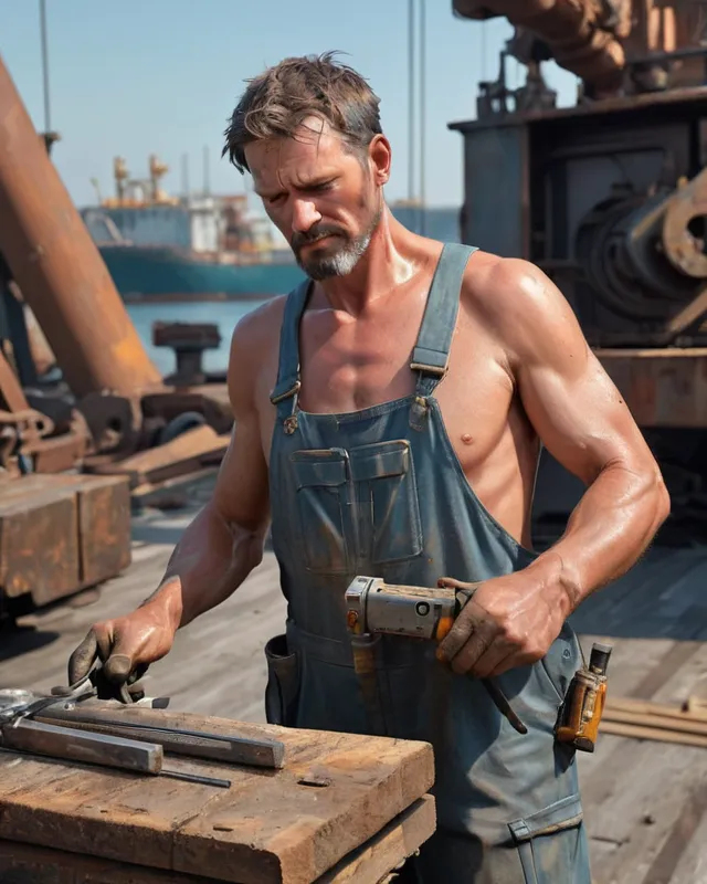 In a bustling shipyard, amidst the clang of metal, the scents of saltwater and freshly cut timber, and the drone of machinery, a scene unfolds depicting a man tirelessly toiling at his craft.

Dressed in rugged work attire, the man stands tall with a determined expression etched upon his weathered face. Beads of sweat trickle down his brow, evidence of exertion under the scorching sun. His calloused hands deftly maneuver heavy tools, demonstrating years of experience and mastery., serene, detailed, trending on artstation, hyperrealism, rococo