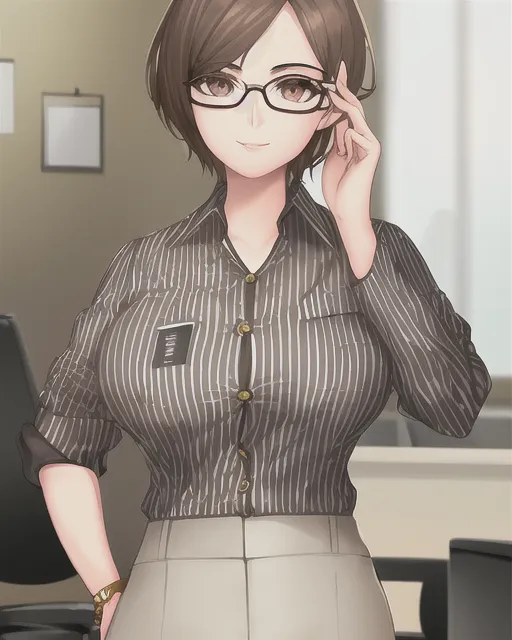 Cute  lady with glasses and short brown hair Wearing black and White striped work blouse and khaki long pants office wear