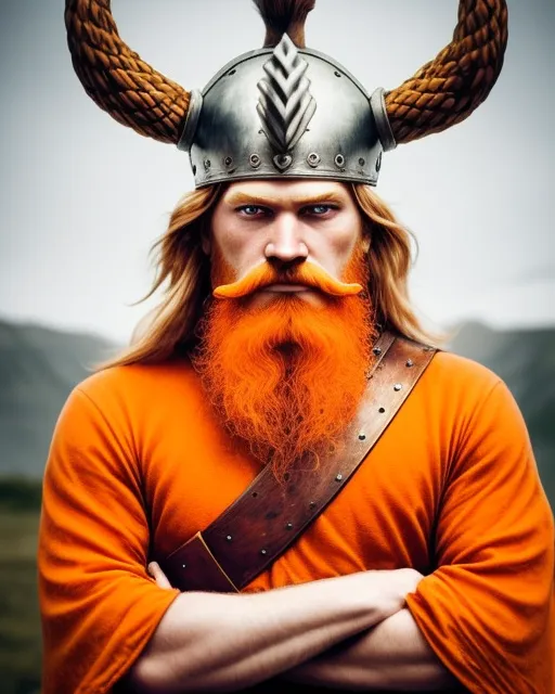 Viking king with a orange beard and Viking helmet 