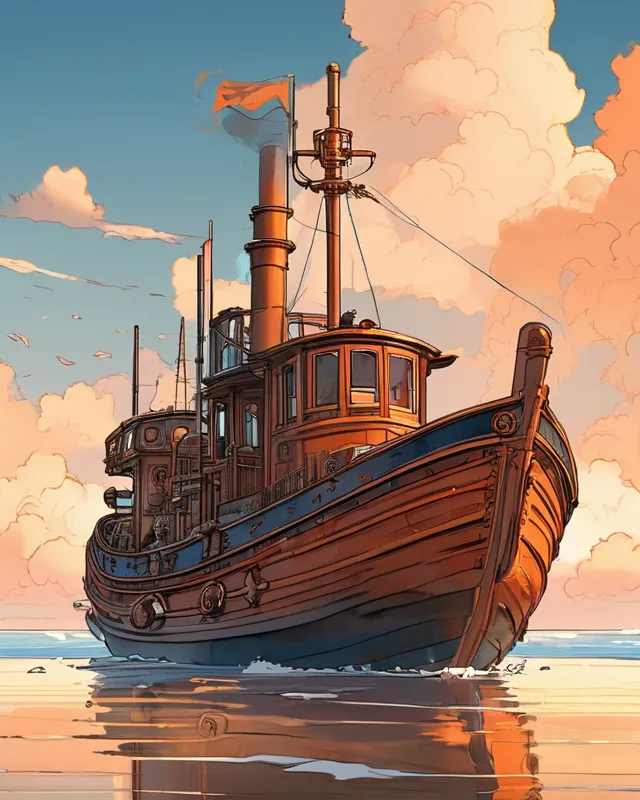 Old steam powered boat, mechanical boat, on a calm ocean, blue sky and orange clouds, drawing, hyper detailed, fantasy art, watercolor, digital painting, matte painting, trending on artstation, alena aenami, simple forms, cartoon style