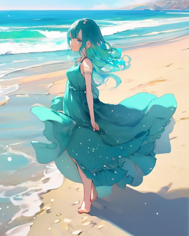 a teal hair girl, long dress, at the beach, stunning beautiful, shading, very detailed, very nice, 8k, lumidots, saturated colors