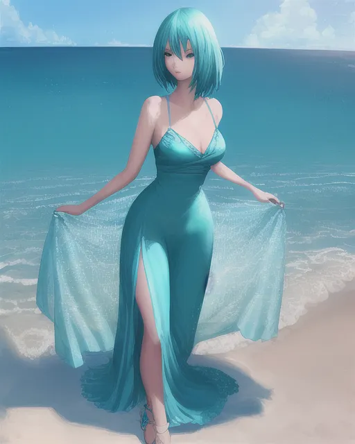 a teal hair girl, long dress, at the beach, stunning beautiful, shading, very detailed, very nice, 8k, lumidots, saturated colors