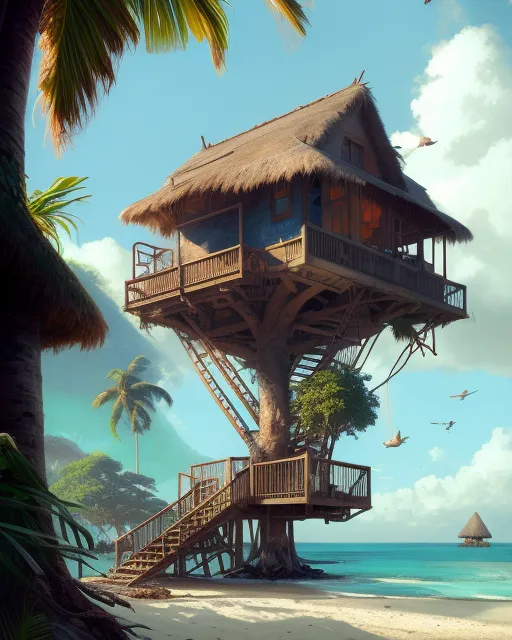 Tree house in the beach of a tropical island