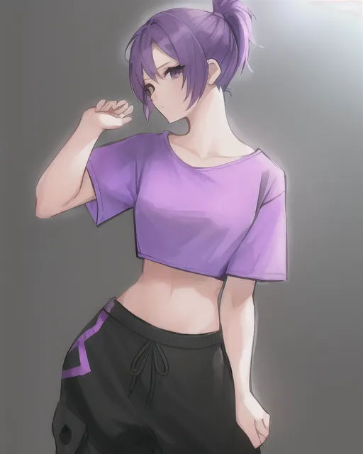 A girl with short ponytail purple hair, wearing a crop topped t-shirt, with long pants