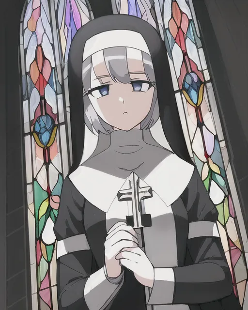 (girl) (marble white skin)  (silver hair) (heteroachroma) (blue eyes)(muscular female) (nun) (nun habit) (Catholic Church) (high quality) (anime) (anime girl) (beautiful) (catholic nun) (religious) (church) (4k render) (showing off) (Catholic Church)(stained glass windows)