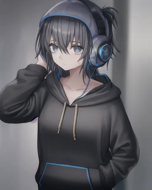 A girl with black and blue headphones wearing a hoodie with sweatpants 