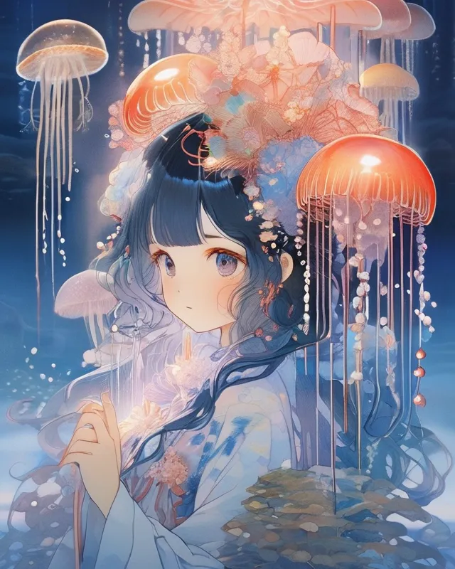 Jellyfish Shrine Maiden, surreal - Free AI Photo Generator - starryai