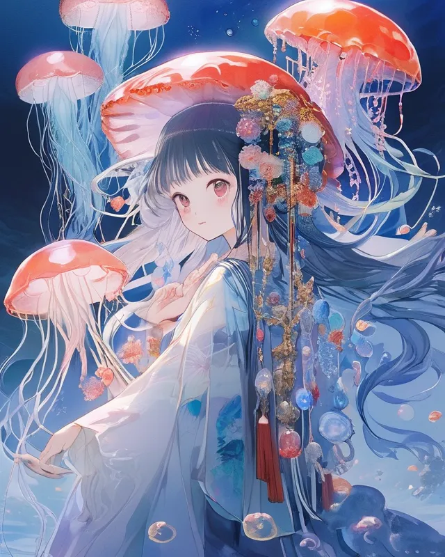 Jellyfish Shrine Maiden, surreal - Free AI Photo Generator - starryai