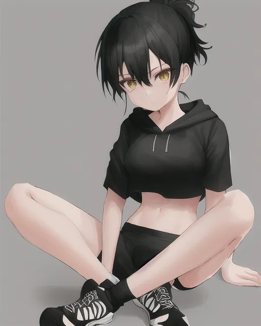 A girl in black ponytail hair, crop topped short sleeve hoodie, black shorts, long socks and sport shoes