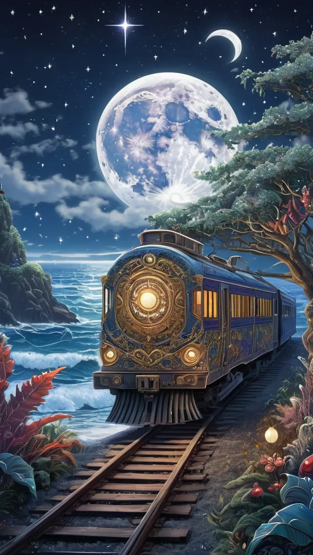 Train traveling on train tracks, - Free AI Photo Generator - starryai