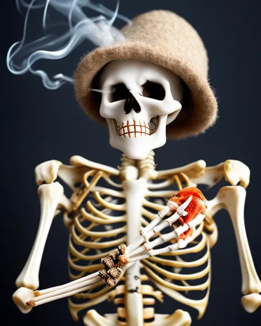 A skeleton with hairy skin smoking a cig