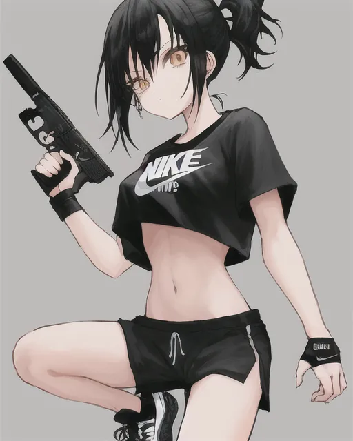 Anime girl with black ponytail hair, crop top t-shirt, black shorts, Nike Air force sport shoes, with a desert Eagle pistol