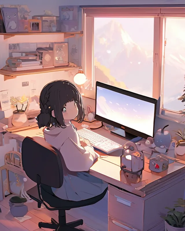 An anime sitting at desk aesthetic layout, PC gaming, cosy aesthetic