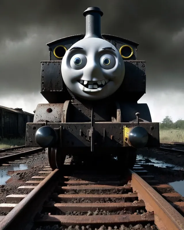 Ominous Thomas the tank engine, goth, gothic, evil, decay, darkness, horror, dark fantasy, high quality, detailed, chiaroscuro , rust, mud, b-movie, grim, terrible