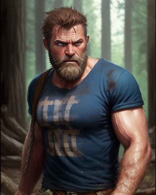 , greg rutkowski, trending on artstation, hyperrealism.   Summer lumberjack tearing hes tshirt. Sweat on his head. Hairy body muscle. Boots. Skinny jeans dirty. Working. Blue eyes brown beard long. Older man strong. Woods