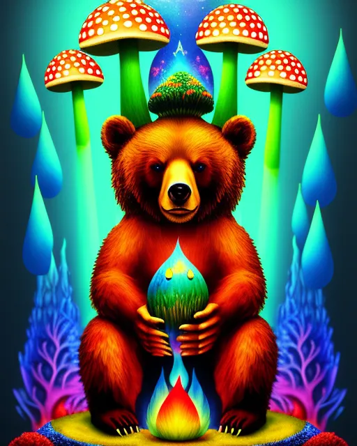 Bear, fly agaric, totem, cinema 4d, psychedelic, earth art, fire, metaphysical, symbolist painting