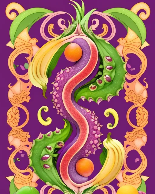 Peach-lime-dragonfruit-blueberry-carambola-banana-art nouveau-pomegranate-kiwifruit-coloured pencil-octopus-cosmic-orange-hybrid