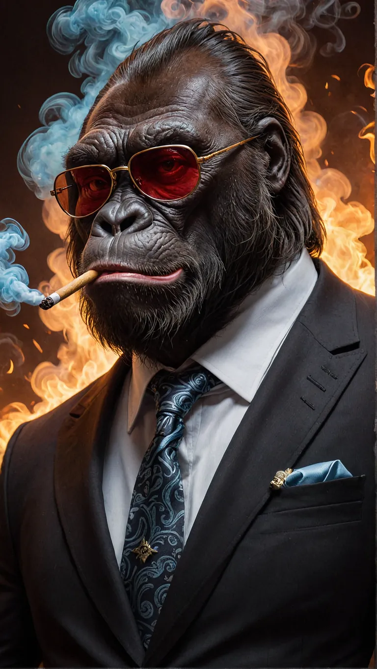 an anthropomorphic gorilla in a black suit and tie, sunglasses, Cosmic, Dark, Horror, Swirling Smoke, Dan Mumford, Kilian Eng, Beautiful, John Avon, Vibrant, full color, extremely Intricate, Extremely Detailed, Hires, Expansive, Realistic, Cgi, 3d, Masterpiece, Digital painting, oil on canvas, Intricate, Fractal Art, Insanely Detailed, 8k Resolution, Dramatic, Depth, Rendered in Cinema4D