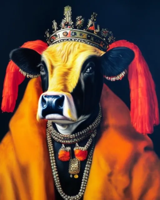 A painting portrait of ((anthropomorphic cow)), king clothing in orange color, crowh with diamonds, sunglasses, dramatic lighting, oil on canvas, realism, by Rembrandt van Rijn, by Rembrandt, studio lighting, detailed