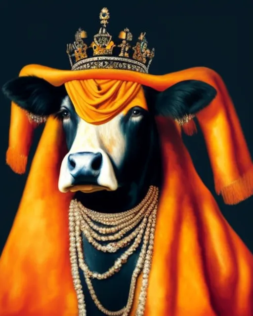 A painting portrait of ((anthropomorphic cow)), king clothing in orange color, crowh with diamonds, sunglasses, dramatic lighting, oil on canvas, realism, by Rembrandt van Rijn, by Rembrandt, studio lighting, detailed