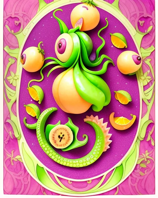 Peach-lime-dragonfruit-blueberry-carambola-banana-art nouveau-pomegranate-kiwifruit-coloured pencil-octopus-cosmic-orange-hyper detailed-gooseberry-hybrid