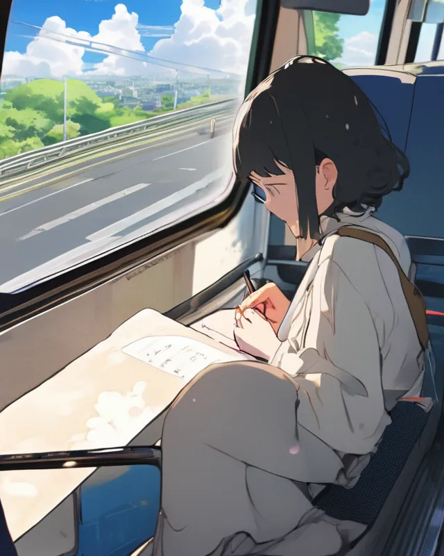 Anime sitting on the bus after long day of work, air pods in, writing journal, looking out at the scenery