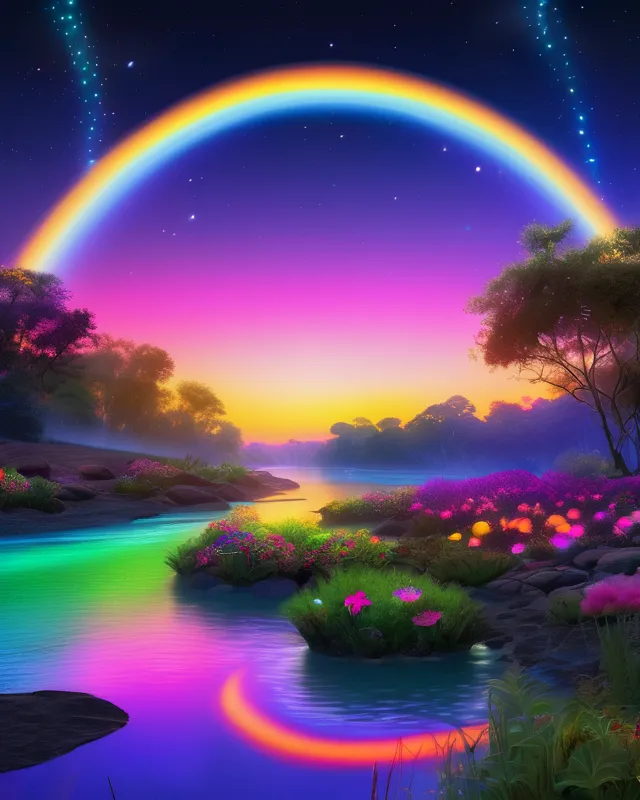Rainbow colored moons over a rainbow colored bioluminecent river, glowing river, exotic water flowers, exotic plants, waterfalls, night, reflections, , extreme detail, digital art, 4k, ultra hd, detailed, vibrant, sharp focus, wlop, artgerm, beautiful fantasy landscape, realistic and natural, cosmic sky, detailed full-color, nature, hd photography, realistic surrealism, elements by nasa, magical, detailed, gloss, hyperrealism, trending on artstation, nvdia ray tracing, cryengine
