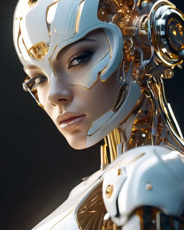 Beautiful gorgeous cyborg , in a body shop, design photo, extremely realistic, richly detailed, denoise of a symbiotic white and gold cyborg human body , metal parts detailed, cyborg bright eyes on cinematic 8k visual efects
