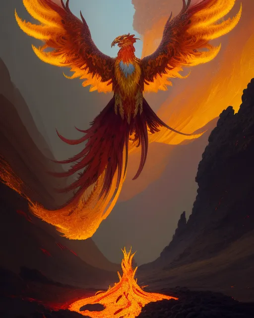 Colorful Phoenix dressed in Golden armor. Standing upright on a lava bed. Volcanic cave in the background. High definition.  Ultra high detail. 