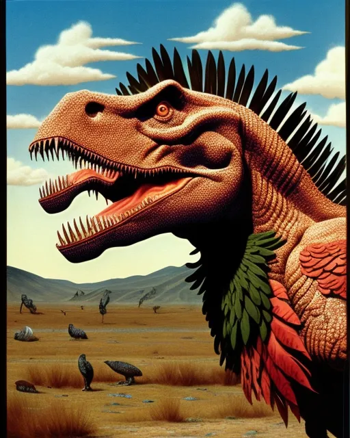 Tyrannosaurus Rex covered in turkey feathers.  Surrealism 