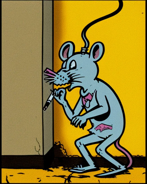 Anthropomorphic rat leaning against a wall, smoking a cigarette 