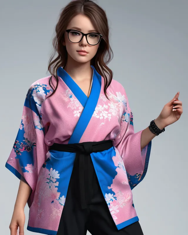 Girl with blue kimono, long brown hair, black glasses with piercings, Pink shirt, Black pants, Black and brown boots.(( 4k, 8k, High-Quality Render, Hdr, 8k Ultra Hd, Ulta-Detailed,, Rendered In Cinema4D, , Digital Illustration, James Gurney, Hyperrealism,))