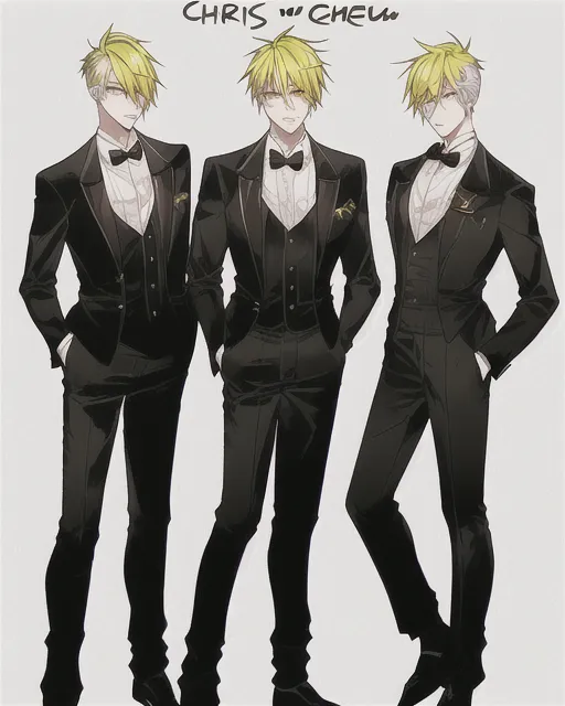 *i would be a guy named chris and his features that make him different are he is very tall he would have a yellow hair dye for his fade in his hair and he is very nice and his left eye iris is yellow and his right iris pink and is wearing a tuxedo with dress pants and shoes*