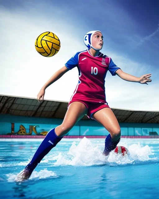 Waterpolo girl playing soccer in the sky 