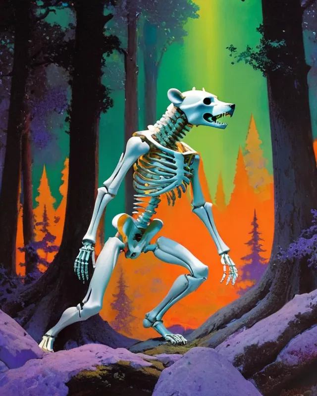 Bear skeleton woods Maxfield Parrish, - AI Photo Generator - starryai